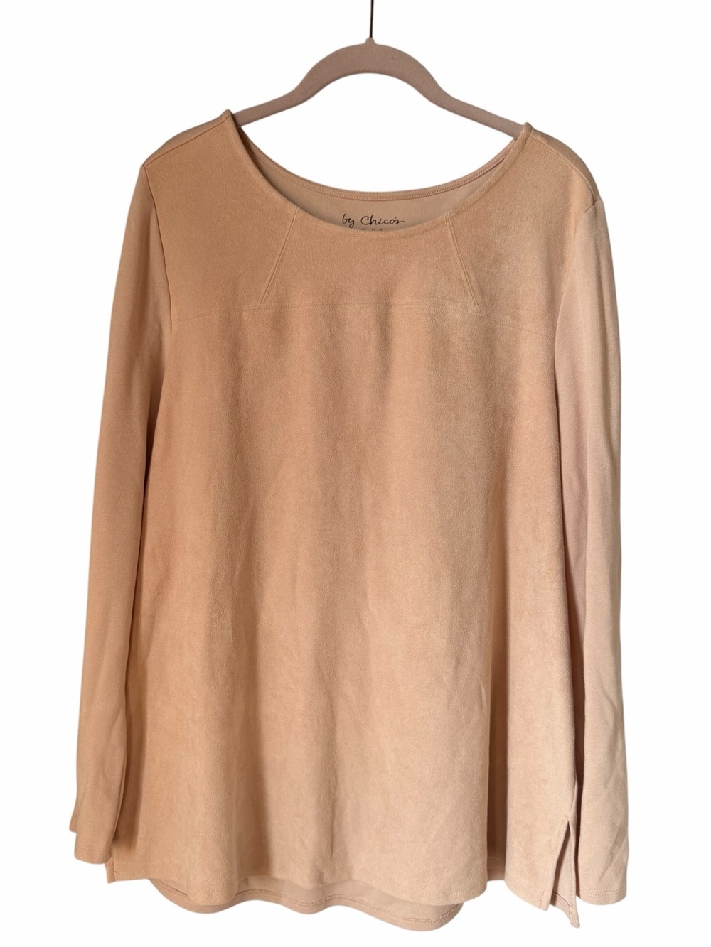 Chico's Long Sleeve Crewneck Faux Suede Top Shirt Nude Tan Neutral Office